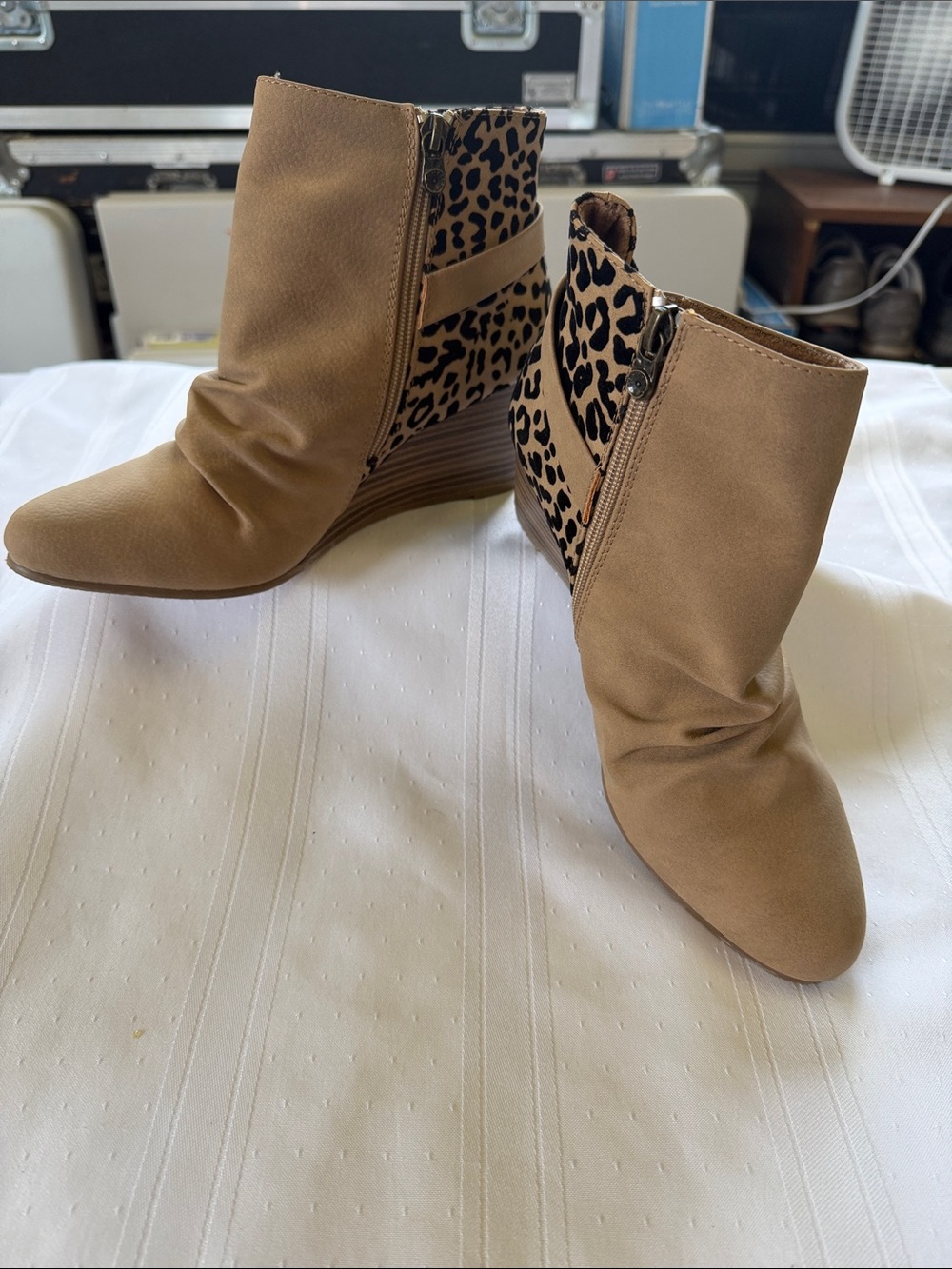 Blowfish Tan Ankle Booties with Leopard Print Panels